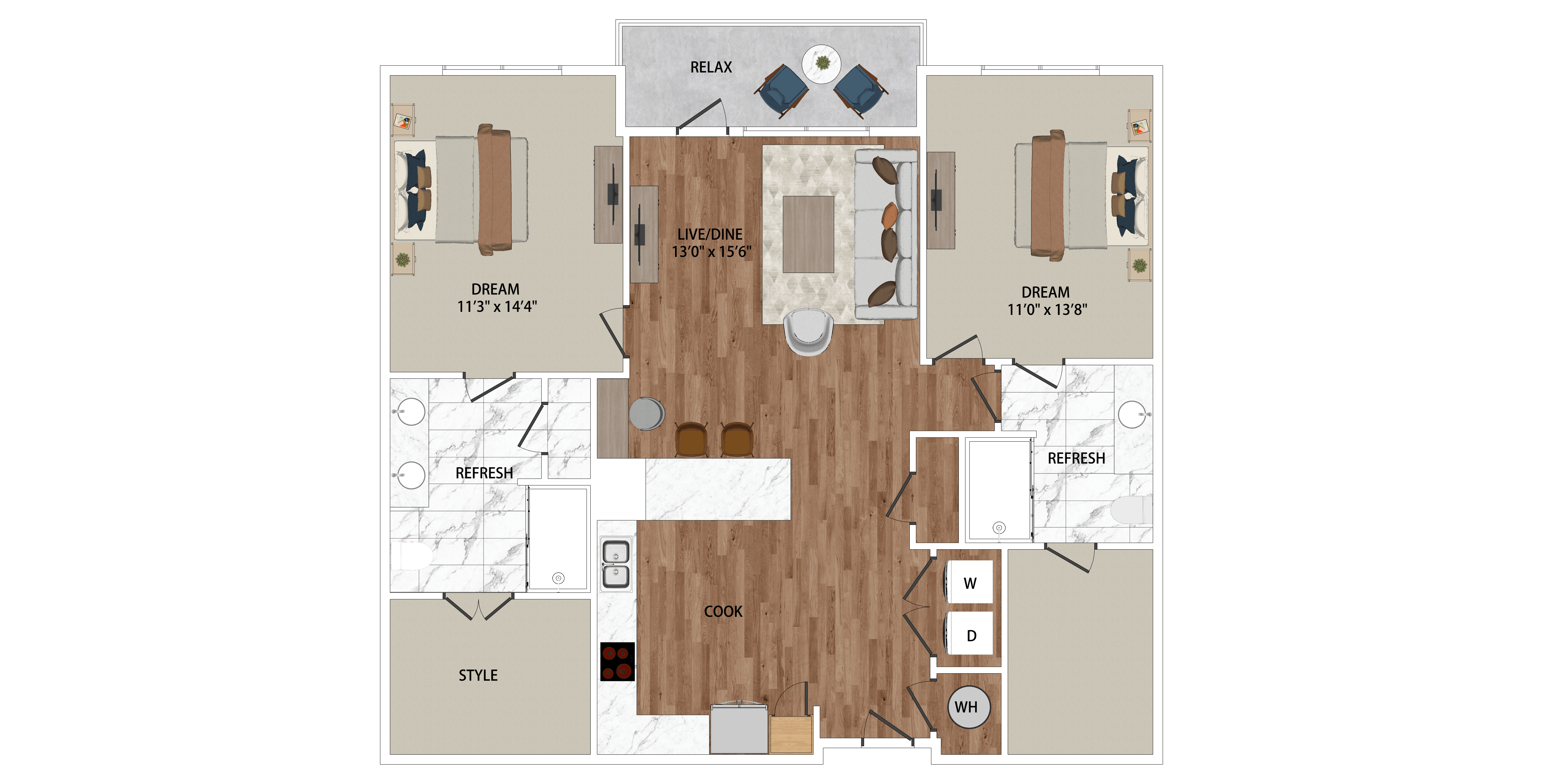 Floor plan for 2 beds, 2 baths, 1246 sqft